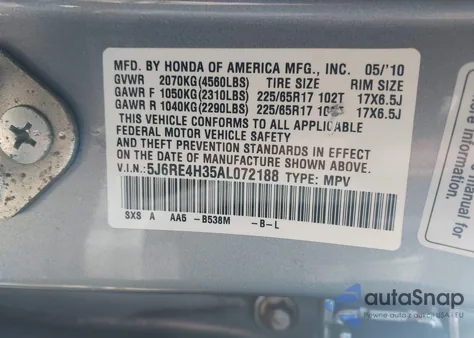 2010 Honda Cr-V Lx z USA, uszkodzony, nr VIN 5J6RE4H35AL072188